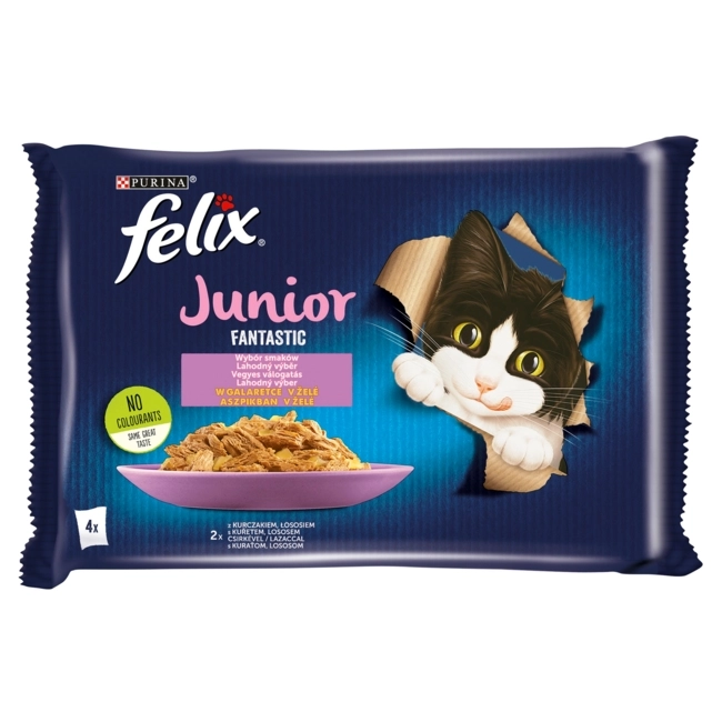 FELIX FANTASTIC Junior macskaeledel aszpikban csirke/lazac (4x85g)
